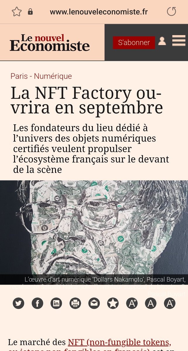 pascalboyart's tweet photo. In french newspaper @LeNouvelEco  about @NFTFactoryParis opening in Sept, #DollarsNakamoto in illustration of the article 👌🏼 https://t.co/htA0oJ5hgu