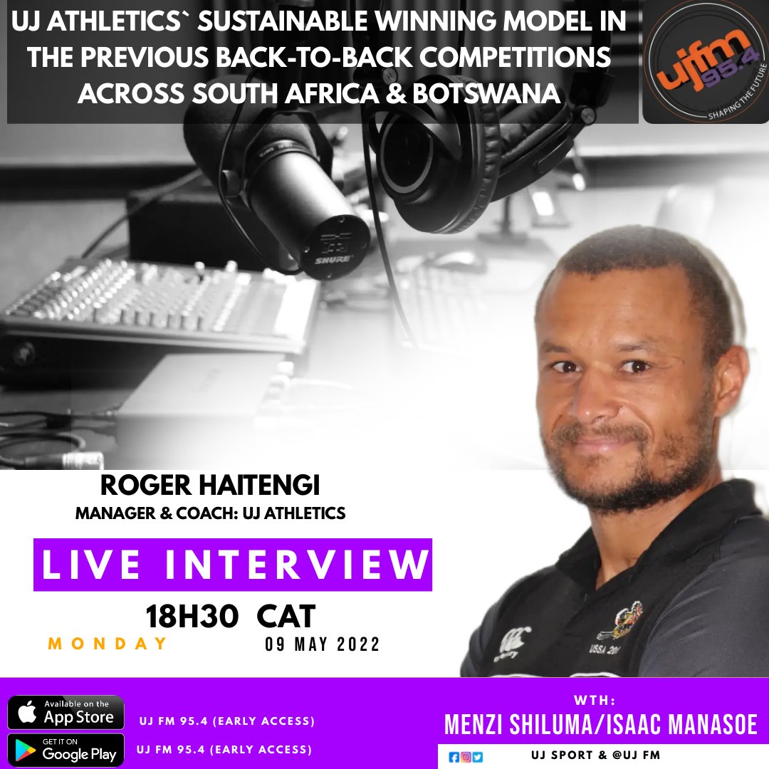 UJ_Sport's tweet photo. #UJAllTheWay #ujsport #ujfm #ussaathletics  

RADIO INTERVIEW |

Tune intp @ujfm as the UJ Athletics coach &amp; Manager, Roger Haitengi chats with the hosts on the Athletic club's winning model having recently competed in various tournaments and returned great results.

⏰ 18H30 https://t.co/xU8xFt5VCU