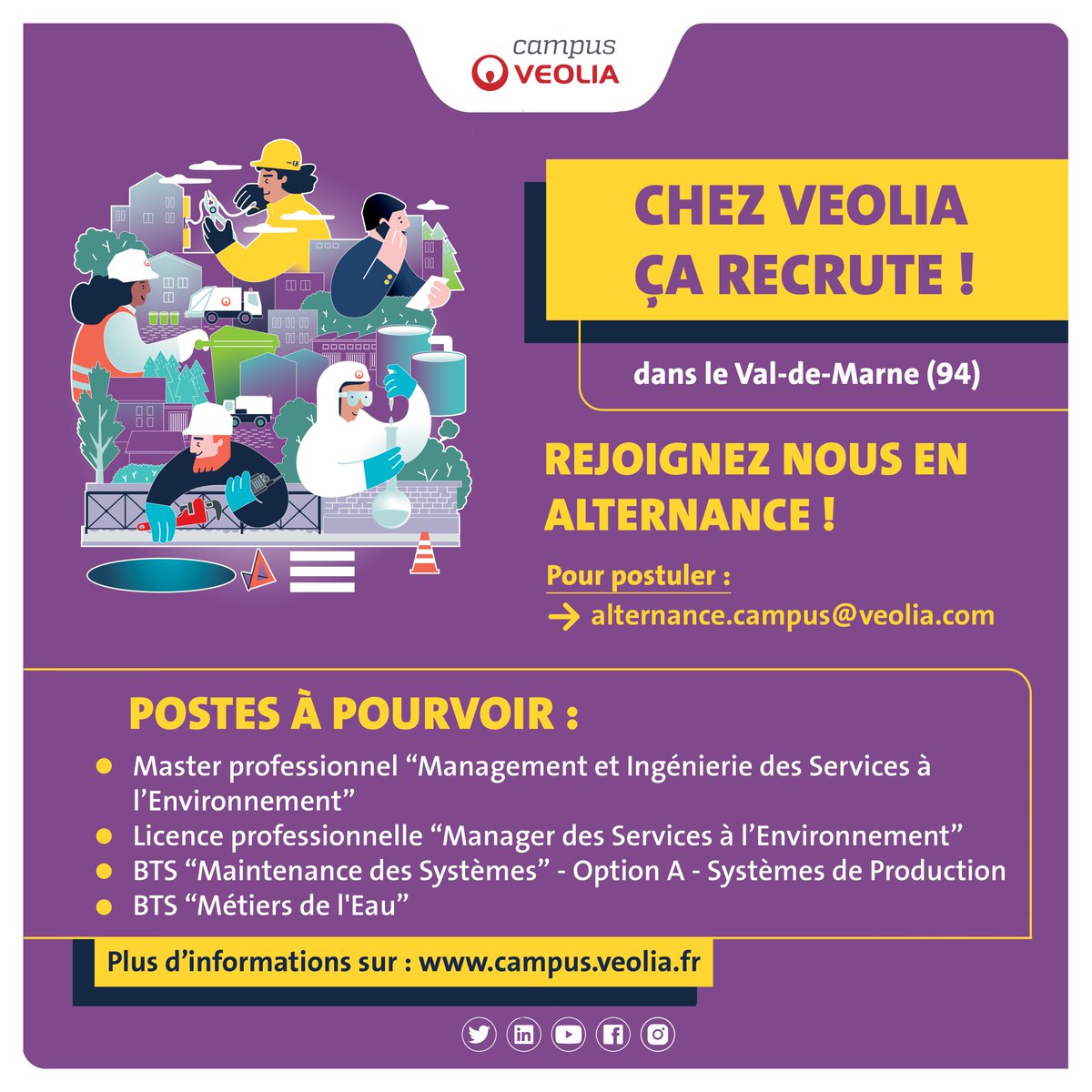 10 postes à pourvoir dans #ValDeMarne en #alternance chez #veolia &amp; filiales #eau #maintenance #recyclage #valorisation #dechets
Postulez-vite #BTS #licencepro #master <a href="/valdemarne_94/">Val-de-Marne</a> <a href="/MLviva94/">Mission Locale VIVA 94</a> <a href="/citemetiers94/">la Cité des métiers</a> @poleemploi_IDF <a href="/LAPPRENTI_COM/">L'APPRENTI</a> <a href="/Le_CIDJ/">CIDJ</a> <a href="/anaf_fr/">Association des Apprentis de France</a>