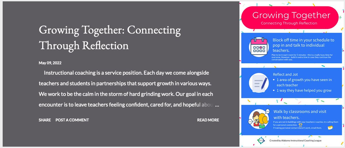 Reflection is a powerful  way to honor how our growth is impacted through interactions with one  another.  So, as we begin the last  few weeks of the school year, let's take time to reflect and celebrate  growth with one another. sites.google.com/view/coachingl…
