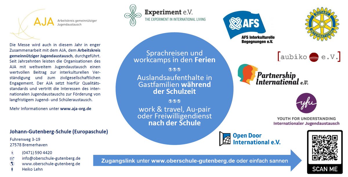 Am 12.5. veranstaltet die Europaschule Johann-Gutenberg gemeinsam mit dem @AJAArbeitskreis ihre alljährliche Messe AB INS AUSLAND! Beginn: 16 Uhr. Eingeladen sind alle Schüler:innen und Eltern - und zwar nicht nur aus HB🙂 Den Teilnahmelink gibt es hier:
ebibs.de/2022/04/18/ab-…