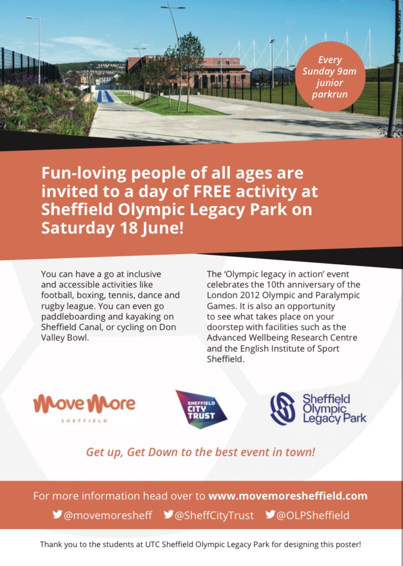 Delighted to share information about the Olympic Legacy in Action event taking place <a href="/OLPSheffield/">Sheffield Olympic Legacy Park</a> on 18 June 2022! 

A day packed full of activities across the site! 

Head over to movemoresheffield.com for more information!

Keep your eyes peeled on our socials too!