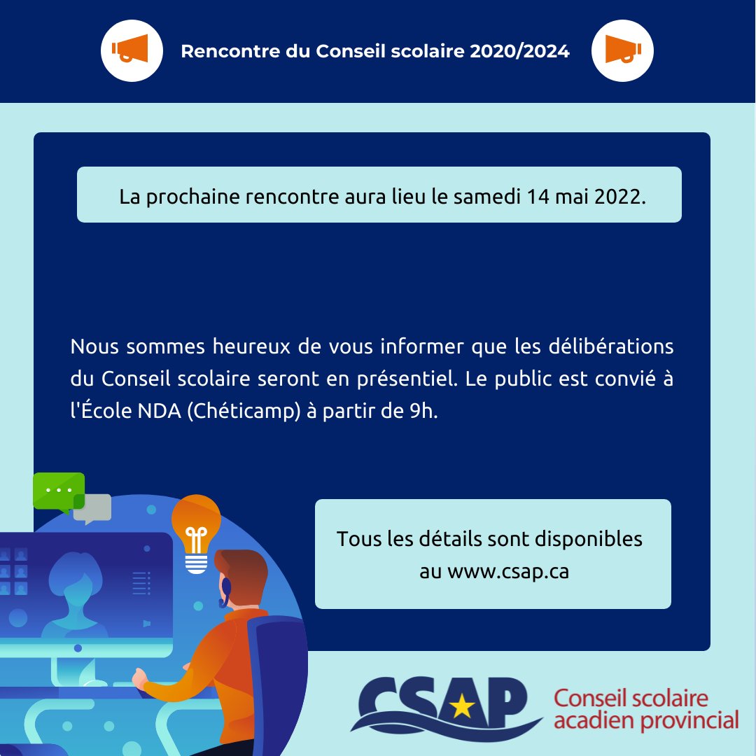 Prochaine réunion du Conseil, le 14 mai 2022

Le public est convié à venir assister à la prochaine réunion régulière du Conseil scolaire acadien provincial le samedi 14 mai 2020 de 9h à 17h à l’École NDA à Chéticamp.

Voici l'ordre du jour
csap.ca/images/gouvern…
