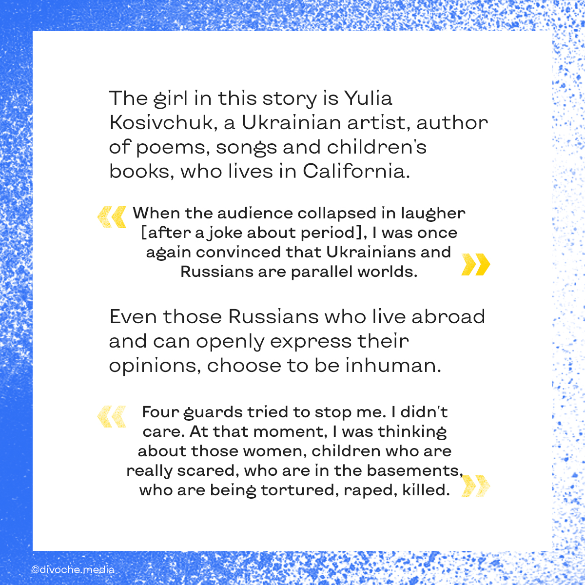 WhyUkraine's tweet photo. Artists and activists all around the world can’t be silent. They stand for the recognition of Russia's crimes in Ukraine.
Read the story of Yulia Kosivchuk below and support our project with your likes. Thank you!
#ukraine #stopwar #standwithukraine https://t.co/CNTzc5QaDl