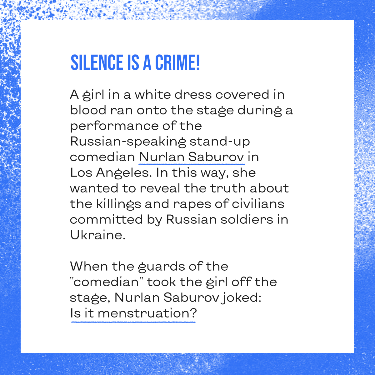 WhyUkraine's tweet photo. Artists and activists all around the world can’t be silent. They stand for the recognition of Russia's crimes in Ukraine.
Read the story of Yulia Kosivchuk below and support our project with your likes. Thank you!
#ukraine #stopwar #standwithukraine https://t.co/CNTzc5QaDl