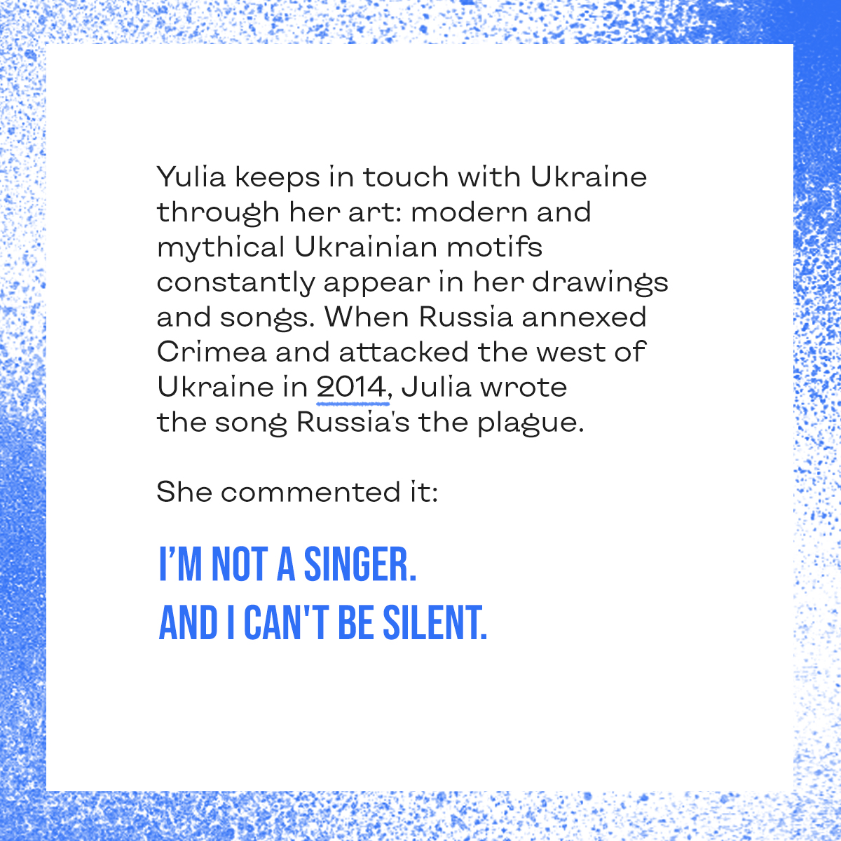 WhyUkraine's tweet photo. Artists and activists all around the world can’t be silent. They stand for the recognition of Russia's crimes in Ukraine.
Read the story of Yulia Kosivchuk below and support our project with your likes. Thank you!
#ukraine #stopwar #standwithukraine https://t.co/CNTzc5QaDl