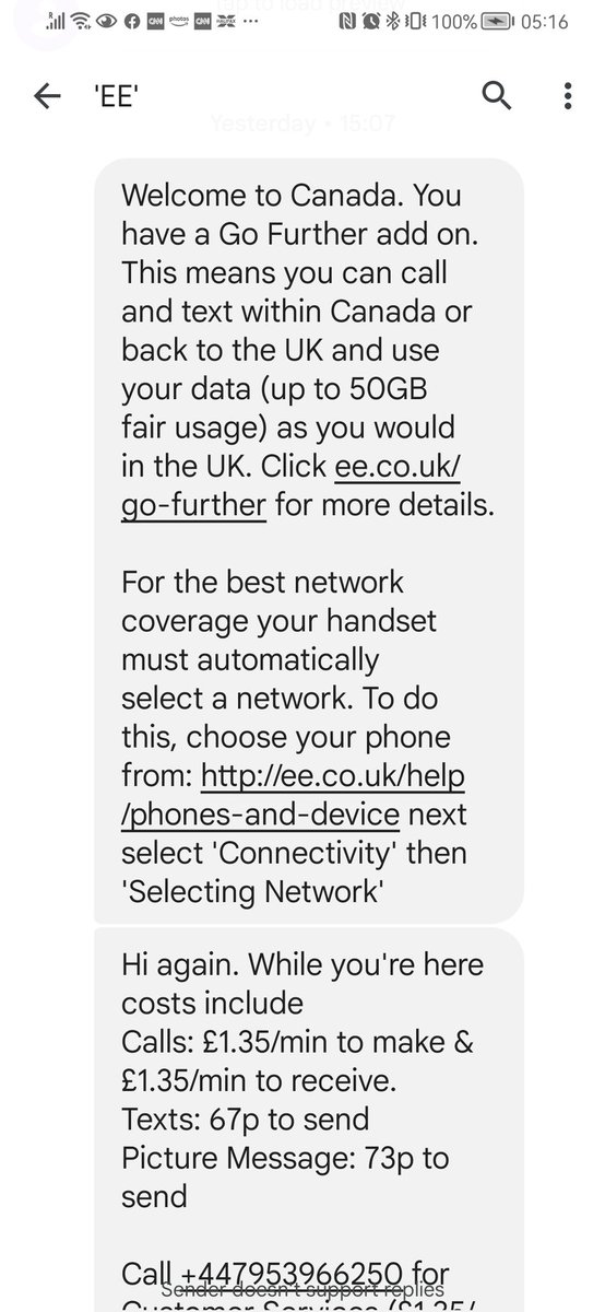 MarcusJEM's tweet photo. @EE When you say use standard as in uk, do you mean at the same cost? Got this text stating higher charges, after getting roam further confirmation. Confused! https://t.co/bl6YzAG7vM