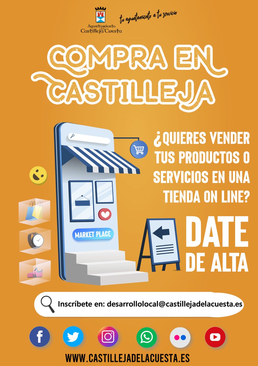CastillejaCta's tweet photo. 📢El Ayuntamiento va a crear una plataforma de comercio electrónico que facilitará a las #empresas locales la venta on line.
❗️Aún está en desarrollo, así que si eres empresari@ ¡INSCRÍBETE!
👉desarrollolocal@castillejadelacuesta.es
🧐https://t.co/OtYQlggaxa
#CompraEnCastilleja https://t.co/ClaPDPRFGA