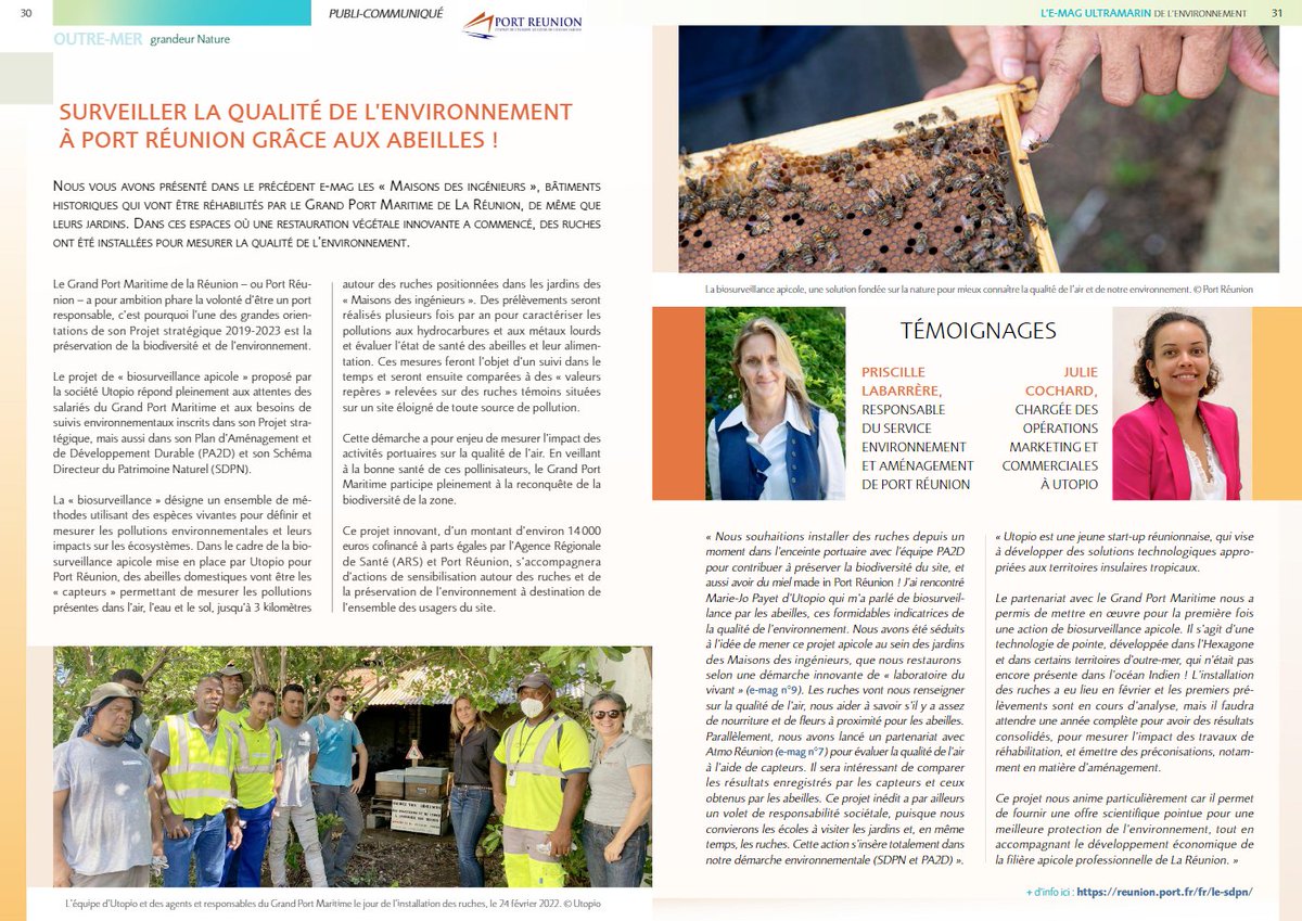 Apilab's tweet image. Voyagez grâce à l&apos;article d&apos;Outre-mer grandeur Nature mettant à l&apos;honneur notre partenaire Utopio dans le cadre du projet de biosurveillance apicole avec @port_reunion. #outremer #environnement #rse #biosurveillance #abeille 🐝🚢
#portmaritime #lareunion