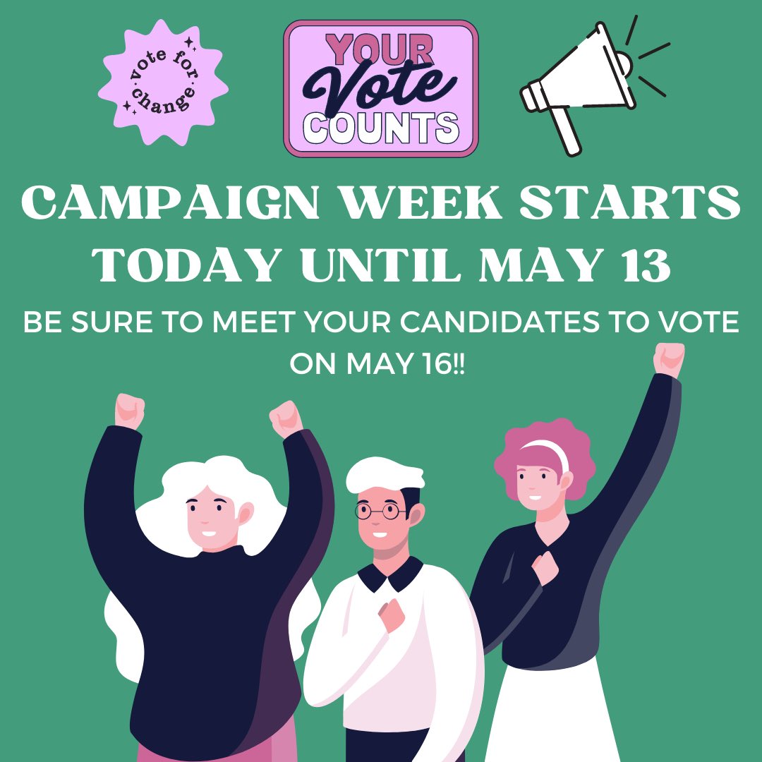 stjoansac's tweet photo. Today marks the start of Campaign Week 🗣 Make sure to stop by the Student Council office to see all the candidates’ amazing posters and follow us to also see personal videos made by our candidates!! 🎥📝

REMEMBER - VOTE on May 16 🗳 https://t.co/SUElB535ER