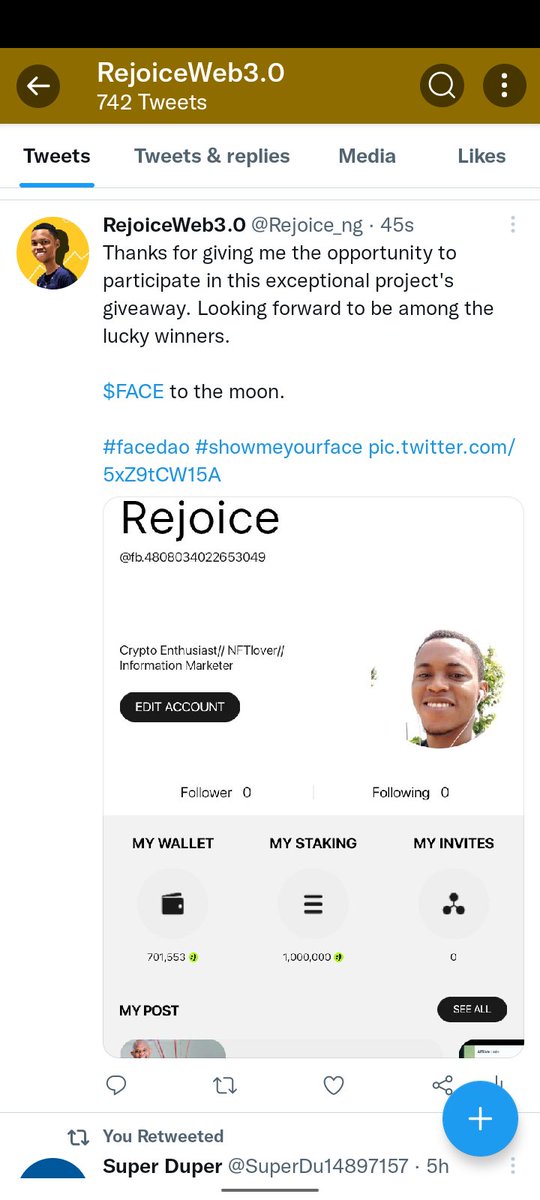 Rejoice_ng's tweet photo. Thanks for giving me the opportunity to participate in this exceptional project's giveaway. Looking forward to be among the lucky winners.
$FACE to the moon.
#facedao #showmeyourface https://t.co/5xZ9tCEY3A https://t.co/KwZh9UAFsy