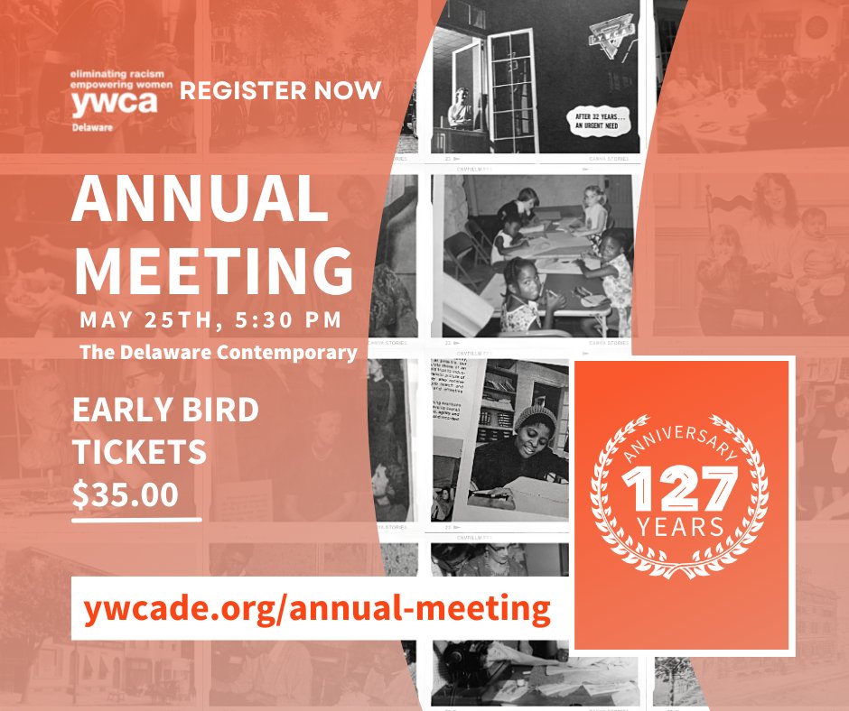 ywcade's tweet photo. Join us in celebrating our 127 years of service during our Annual Meeting on May 25th, beginning at 5:30 PM. Purchase early bird tickets for $35.00 at https://t.co/kMiLSM3WYe.
#ywcade #est1895 https://t.co/R3kHGHdZPZ