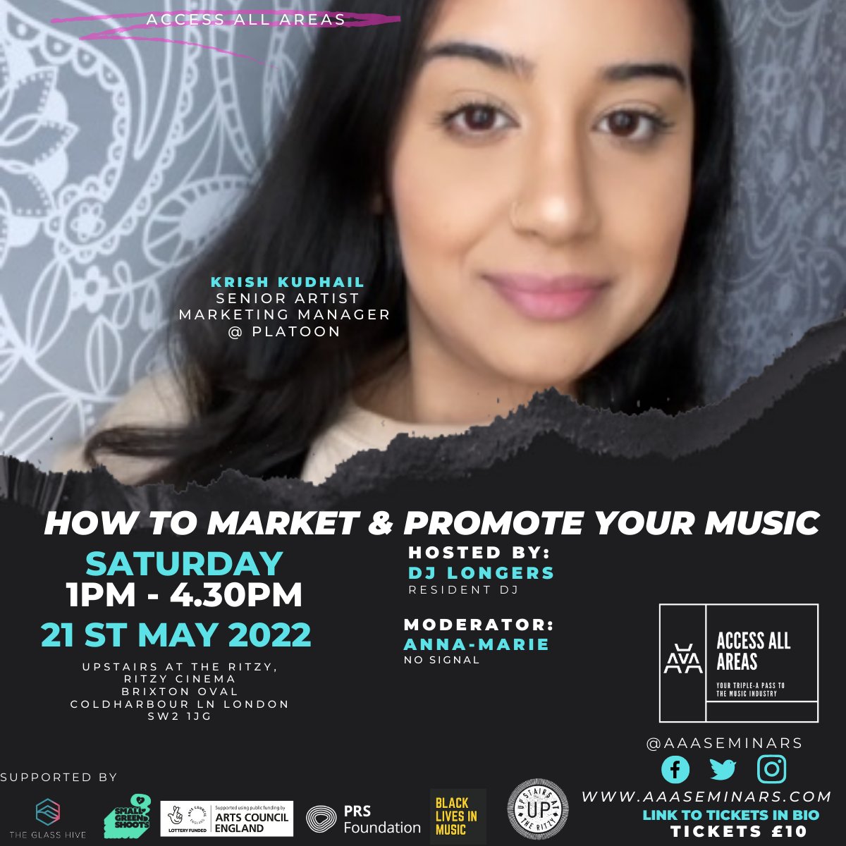 AAAseminars's tweet photo. #AccessAllAreas Sat May 21 ''How To Market &amp; Promote Your Music" ft 7 panellists &amp; 3 PA's @UpstairsRitzy hosted by @DJLongers &amp; moderated by @annamariedee_ 
 
Our 2nd panellist is Platoon Snr Artist Marketing Manager @KrishyXO 
 
Tix are just £10+BF via: https://t.co/BdwBRxgE9V https://t.co/e18JQvJOxE