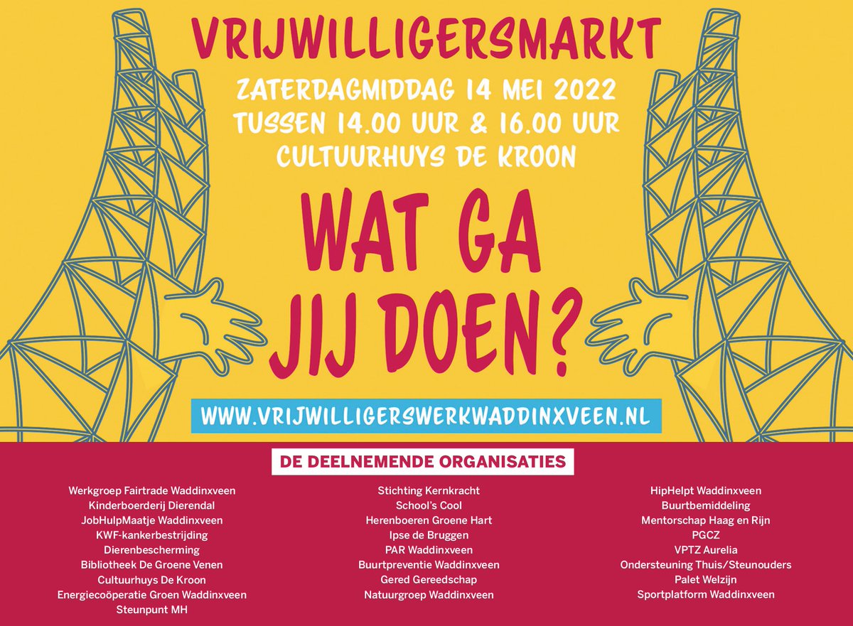 VrijwwerkWveen's tweet photo. Komende zaterdag 14 mei, van 14.00-16.00 uur, zullen 25 Waddinxveense vrijwilligersorganisaties zich presenteren tijdens de Vrijwilligersmarkt in Cultuurhuys De Kroon. Kom je langs om kennis te maken en te bekijken wat jullie voor elkaar kunnen betekenen? https://t.co/mwncA8Nh2j