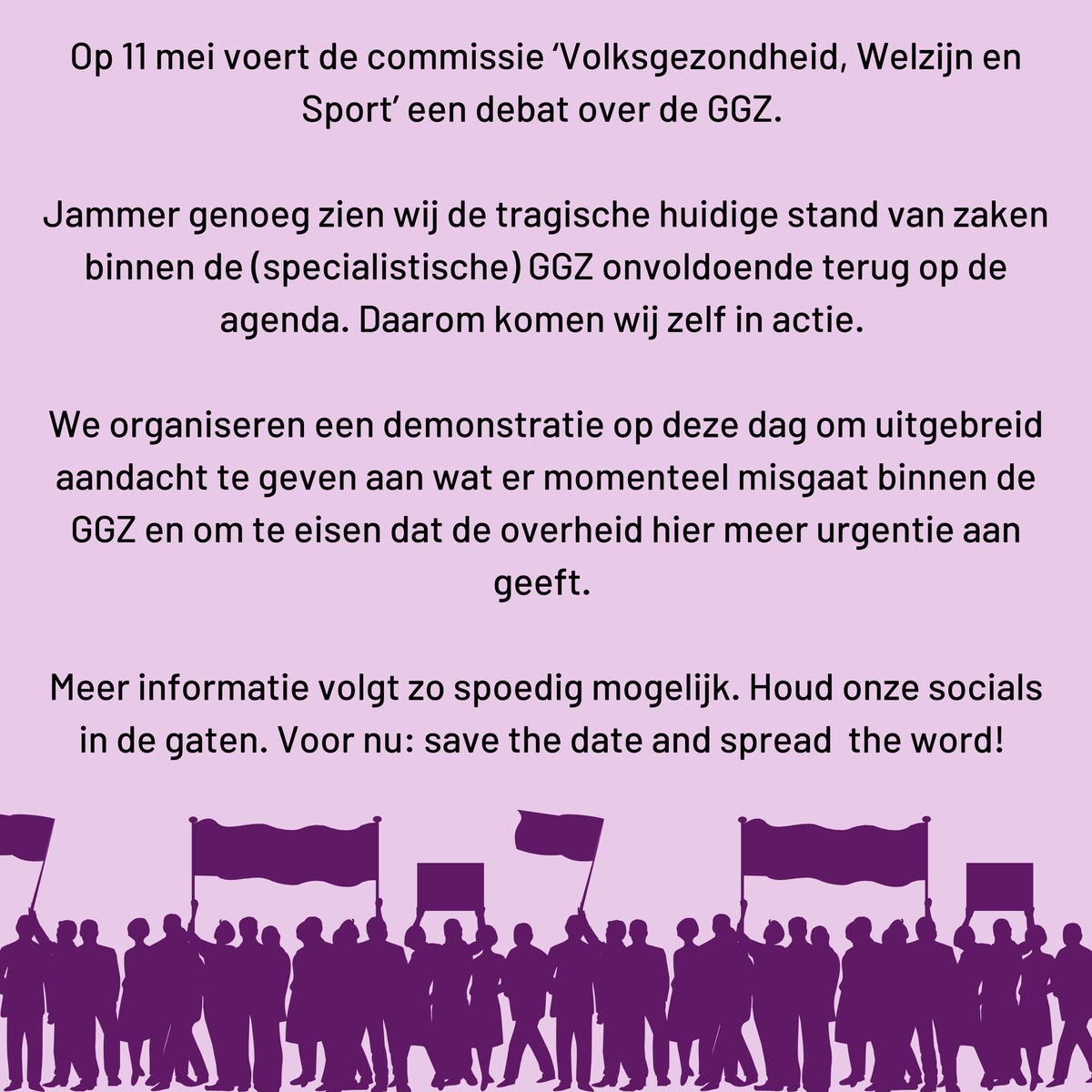 Kom woensdag 11 mei 15:00 naar Den Haag om je uit te spreken tegen de lange wachtlijsten en sluitingen van klinieken in de (specialistische) GGZ. Het is tijd dat de politiek in actie komt, help om de druk op te voeren! #RedDeGGZ #HoudCvPOpen