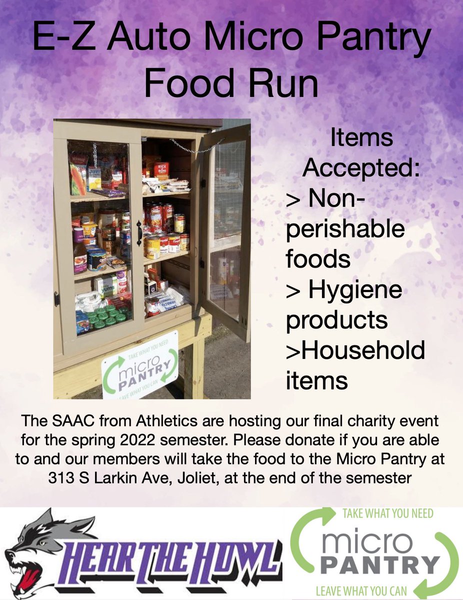 Are you coming to the @JolietJrCollege Event Center this week? Our @JjcSaas student-athletes are collecting non-perishable food and personal hygiene items for the Micro Pantry at E-Z Auto Sales in Joliet. The collection box is located near the building’s info desk. #hearthehowl
