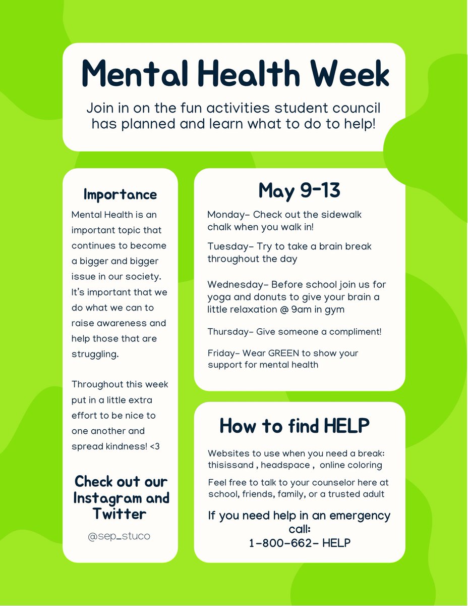 Mental health is super important to stay on top of, just as much as physical. This week try to spend extra time helping your mental wellness!! 💚💚