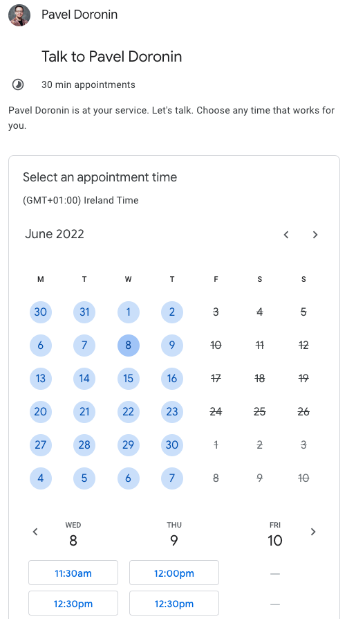 scalywhale's tweet photo. .@googlecalendar just rolled out Appointment Booking. Just tried it, an excellent feature: the configuration is insanely flexible! Tho the links are ugly. https://t.co/cijsHCC8F2