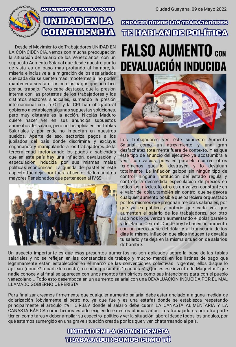 #CiudadGuayana | #09Mayo2022 
FALSO AUMENTO con DEVALUACIÓN INDUCIDA.

#Espacio Donde los Trabajadores Hablan de Política.