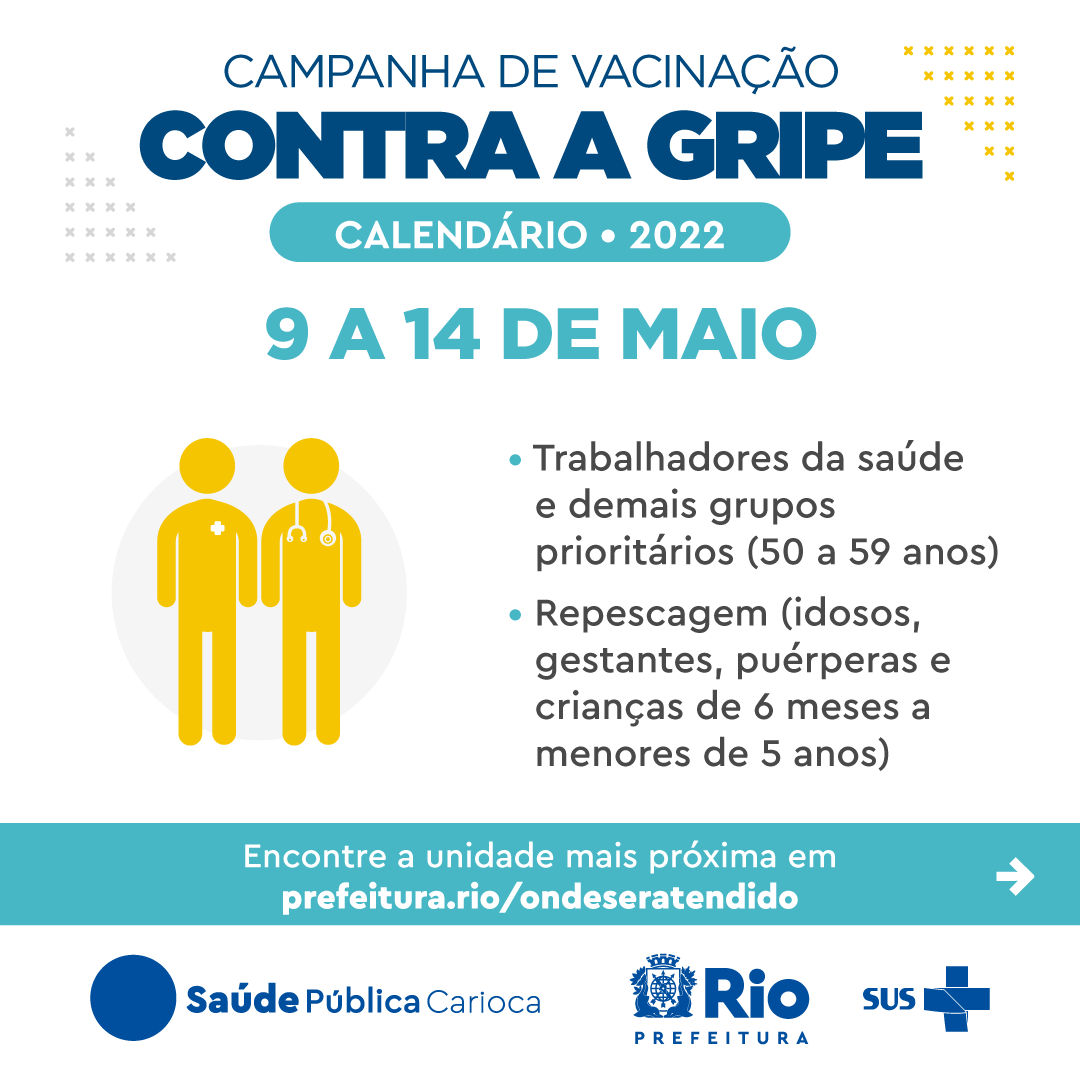 Saude_Rio's tweet photo. Começa hoje, dia 9/5, a nova etapa da campanha de vacinação contra a gripe no município do Rio de Janeiro! Até o dia 14/5, serão vacinados os trabalhadores da saúde e demais grupos prioritários de 50 a 59 anos. https://t.co/ZAx4I1xn4N
