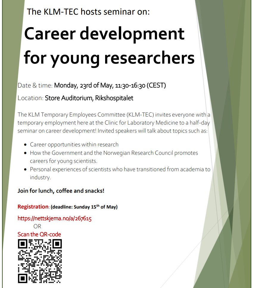 OUS_KLM_Temp's tweet photo. KML Temporary Employees Commitee (KLM-TEC) organizes seminar: “Career development for young researchers” 
Monday, 23rd of May, 11:30-16:30
registration form: https://t.co/izYO4GLq0v
Deadline for registration is Sunday, 15th of May.
https://t.co/GSQifbC2jr
https://t.co/SLzyttJ3LM https://t.co/D2CkO8ZdCJ