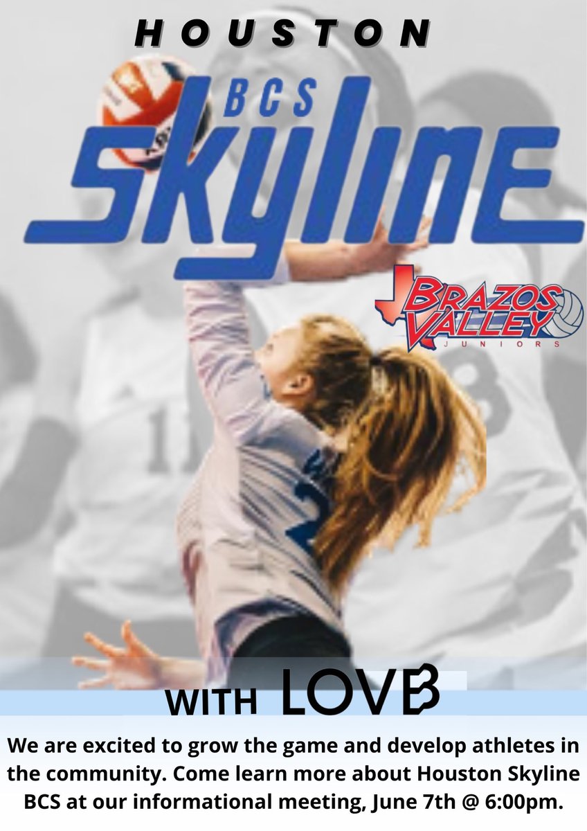 HSkylineBCS's tweet photo. Houston Skyline BCS is excited to announce that we have gained years of dedicated service to the local volleyball community as Brazos Valley Juniors becomes part of our team. We are excited to grow the game and develop young athletes in the community. https://t.co/C97GqKbuJE https://t.co/IoMUW4Zizh