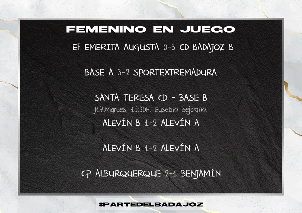 CDBFemenino's tweet photo. ⚽️Femenino en juego🏃♀️ Resultados de los partidos del fin de semana de la cantera.
#FemeninoEnJuego #ParteDelBadajoz https://t.co/ZmoS7yt9cL