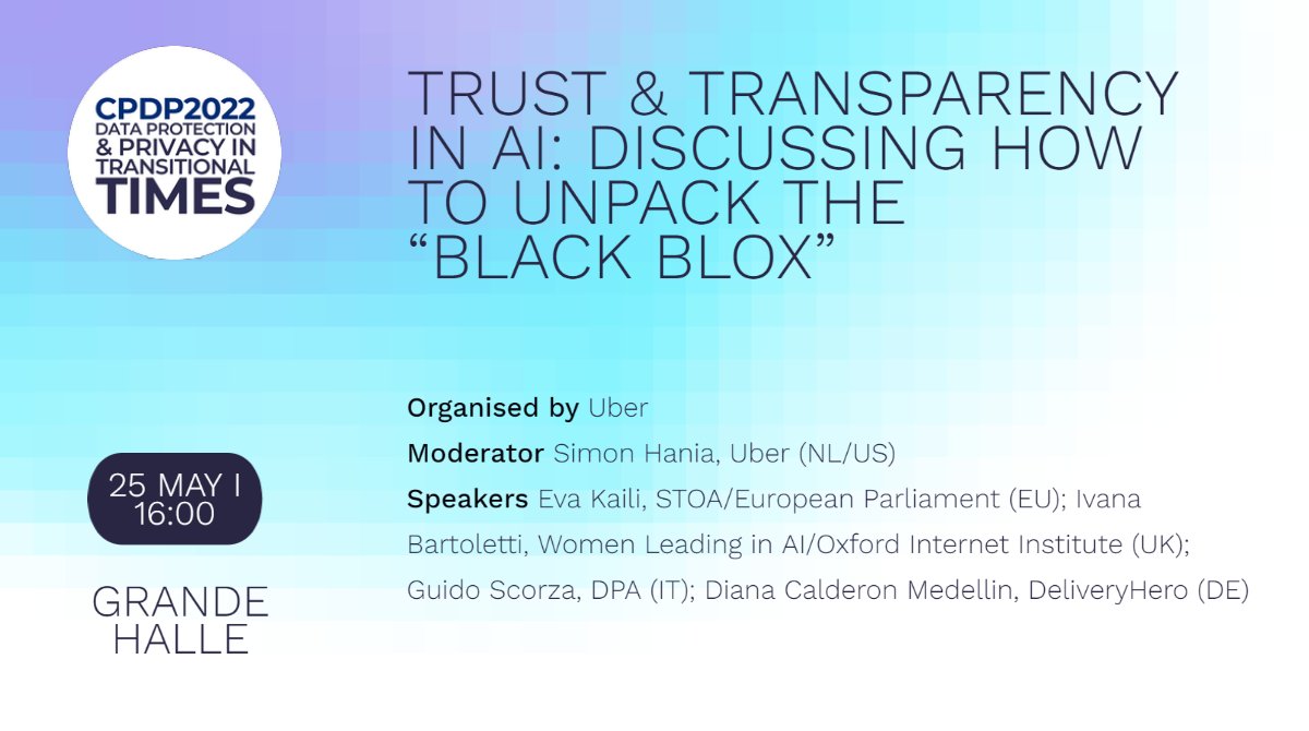 CPDPconferences's tweet photo. What does #transparency mean in the context of #AI, what are the #targetgroups & why is it beneficial? What obligations or #incentives should be put in place, how, when and on whom? With @simonhania, @EvaKaili, @IvanaBartoletti, @guidoscorza #CPDP2022 https://t.co/kQsOvRbWIu