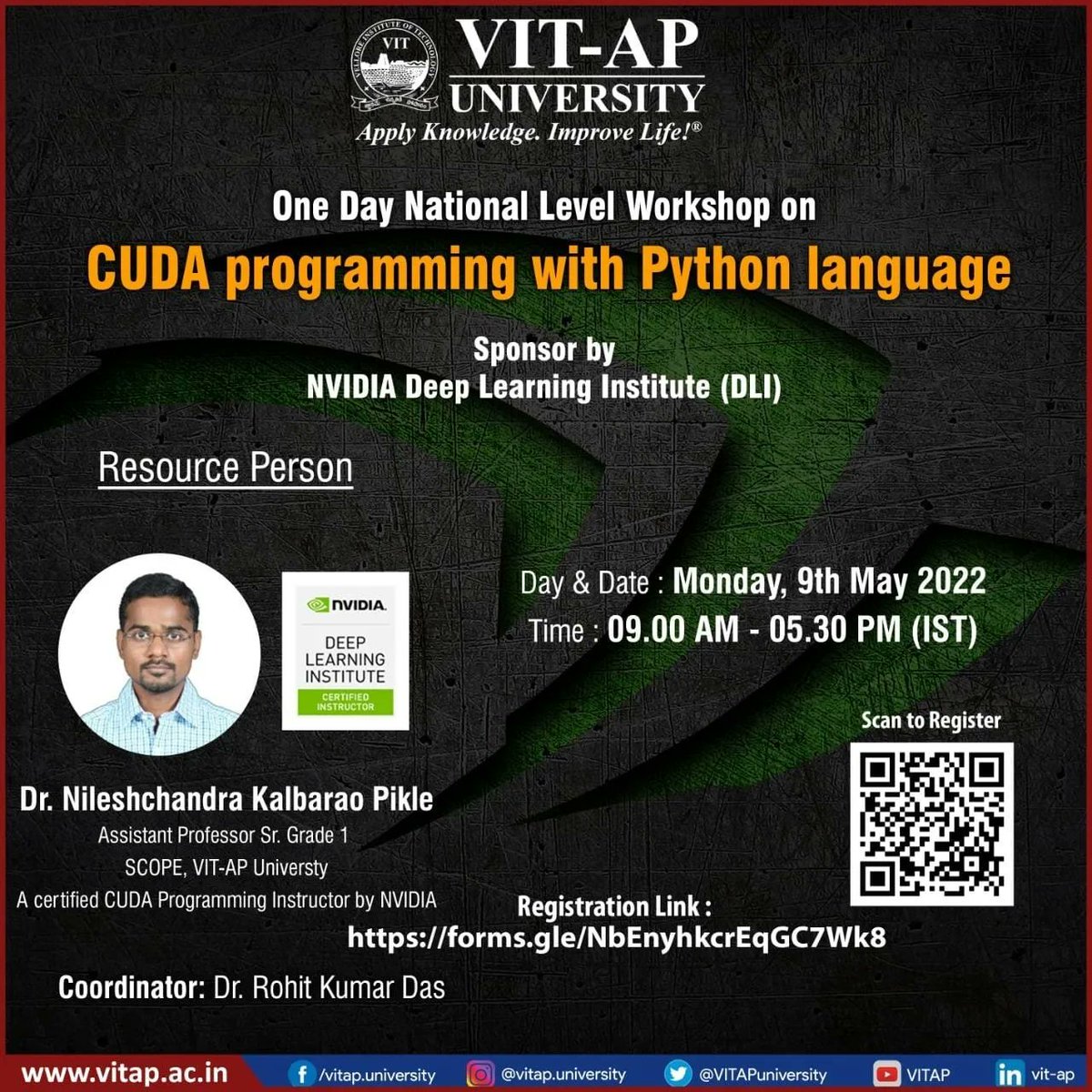 VITAPuniversity's tweet photo. One Day National Level Workshop on "CUDA programming with Python Language" was successfully organised by VIT-AP University on 9th May 2022.
Resource Person: Dr. Nilesh Chandra Kalbarao Pikle
Coordinator: Dr. Rohit Kumar Das
#nationallevelworkshop
#CUDA
#vitap https://t.co/IN47YDqIKU