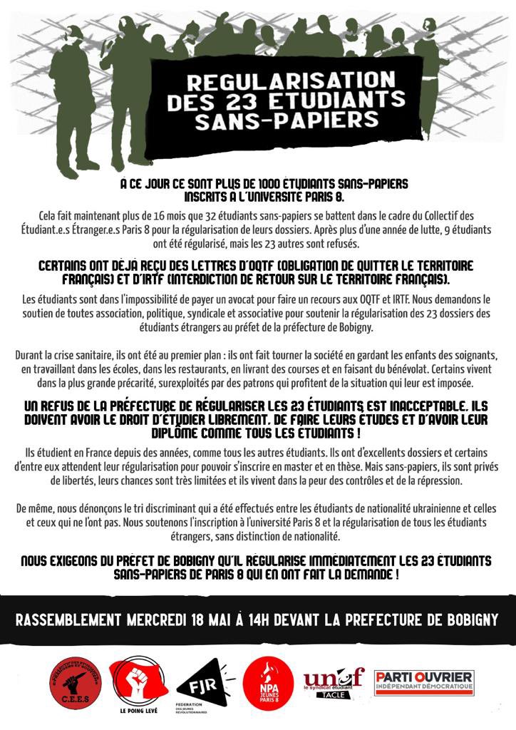 CeesParis8's tweet photo. Enregistrez la date dans votre todo liste. Venez donner de la force à la @CeesParis8 qui lutte depuis 16 mois pour pouvoir étudier et travailler dignement. N’hésitez pas à faire tourner l’appel autour de vous chers camarades. La lutte doit impérativement payer https://t.co/fvNf6GJKmN