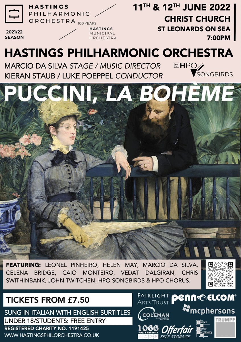 HastingsPhil's tweet photo. 11th &amp; 12th June 2022
Puccini, La Bohème

Hastings Philharmonic Orchestra
#HPOSongbirds
#HPOChorus 

Stage Director / Music Director | Marcio da Silva
Conductor | Kieran Staub / Luke Poeppel

Christ Church St Leonards on Sea | 7pm
11th &amp; 12th June 2022

➡️ https://t.co/BUHPubMG4D https://t.co/D2pciI13Us