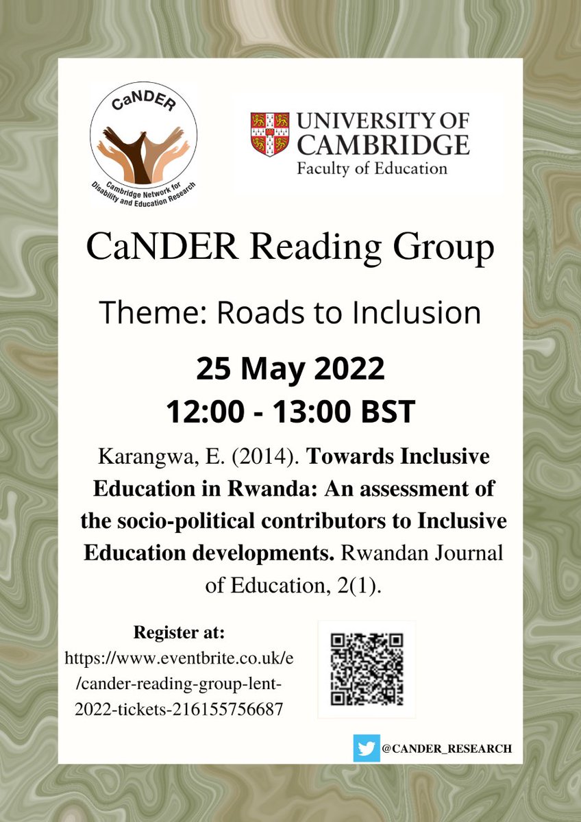 CaNDER_Research's tweet photo. 🥁 Our next reading group session is on 25 May, from 12:00 to 13:00 BST 🥁 We will continue to reflect on the theme ‘roads to inclusion’, focusing on the Rwandan context and the development around #inclusive education. All welcome and please register here: https://t.co/SY0HOObf4V https://t.co/oDDZTssbAc