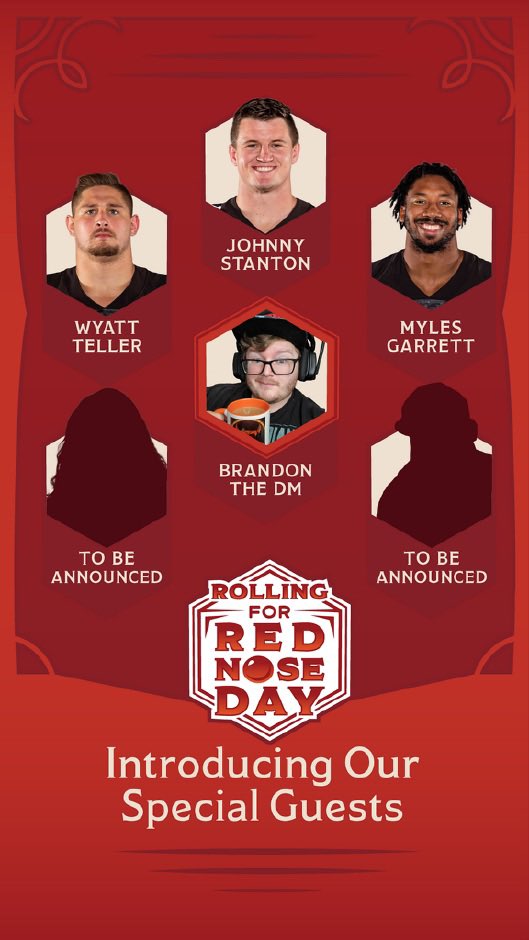 johnnystantoniv's tweet photo. ITS HAPPENING

You asked for it. You get it. My teammates @Flash_Garrett and Wyatt Teller will be playing D&amp;D with me and @Brandon_The_Dm on May 26 at @tabletopcleve for @RedNoseDayUSA

Tickets come out TODAY at 5 PM and there are only 100 available! Make sure you set a reminder! https://t.co/Zv1Ej4PVez