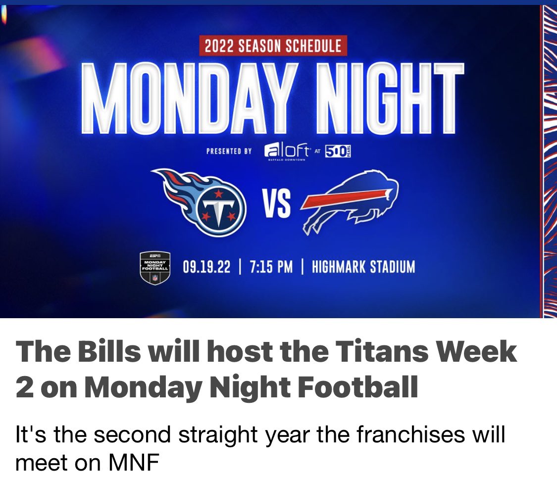 ebezan's tweet photo. Segundo MNF consecutivo que tenemos con @4taygoltitans, pero ahora será en #Buffalo. Gran partido sin duda en donde vamos por la revancha. https://t.co/dTxwiMAkR7
