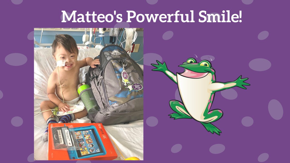 🐸🎒This is our friend, 2-year-old Matteo. He just underwent cardiac repair and received his Bag of Fun with a great big smile! #joylaughterandrelief #givingback #MotivationMonday