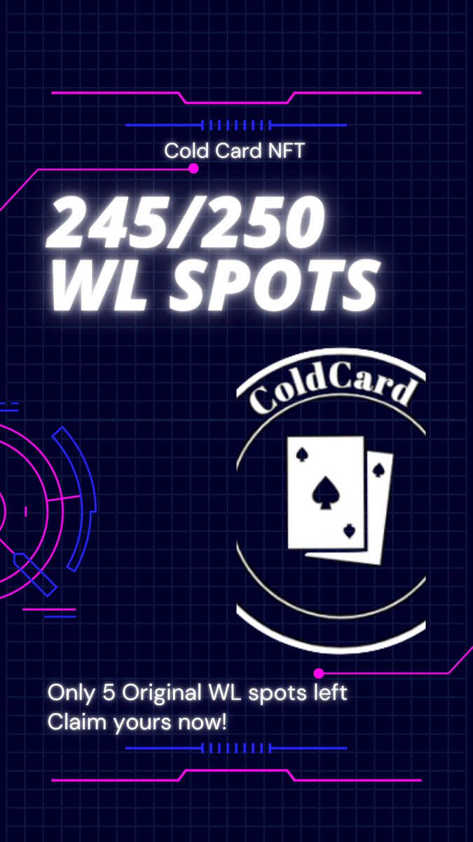 Coldcard2's tweet photo. ❗️NFT Whitelist❗️

ONLY 5 WL SPOTS LEFT❗️

1️⃣The first 245 WL spots have already been given away
2️⃣If you still wanna claim your spot it is still possible
3️⃣Follow @Coldcard2 to claim yours, do not miss out

#NFT #NFTs #NFTGiveaway #NFTCommunity #ETH #Ethereum https://t.co/gGcLEkKSIJ