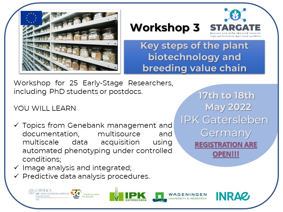 Stargate_CBQF's tweet photo. The STARGATE project, through its partner the Leibniz Institute of Plant Genetics and Crop Plant Research (IPK), is organising a hybrid workshop titled ‘Key steps of the plant biotechnology and breeding value chain’ on 17-18 May 2022. Registration only to participate online. https://t.co/yLzvBoBOiK