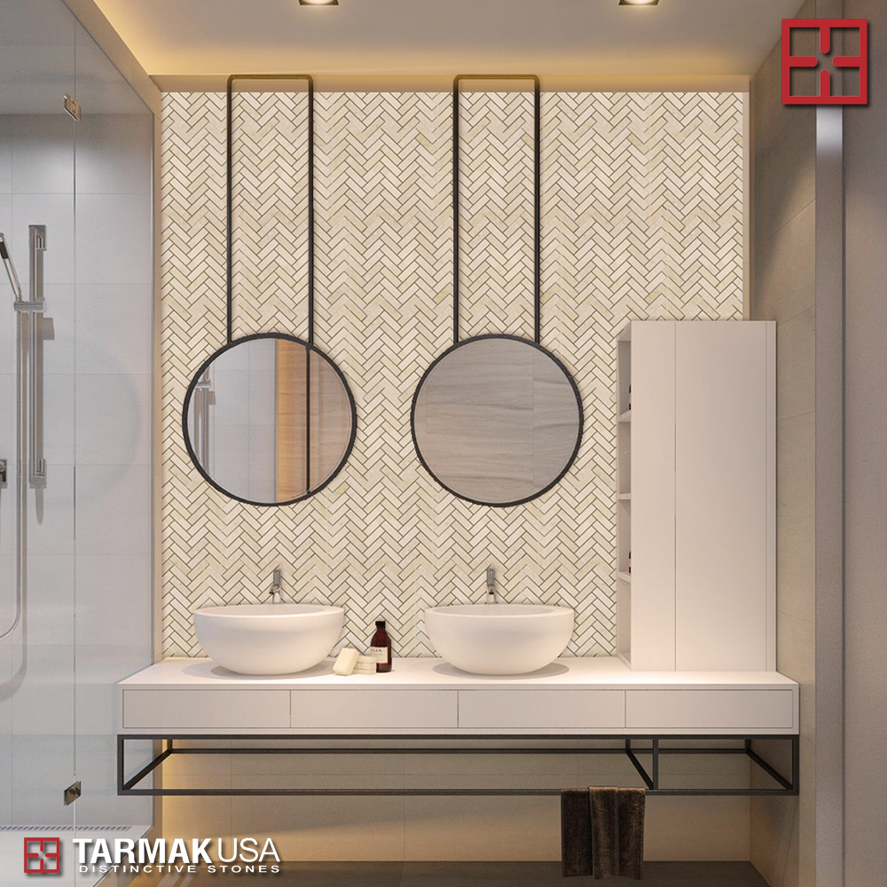 tarmakusa's tweet photo. Perla marble is a light ivory colored marble which is suitable for floor and wall applications in living areas, bathrooms and kitchens. #tarmakusa #mosaics #backsplashideas #backsplash #kitchendesign #basketweave # herringbonemosaics #basketweavemosaics #homerenovation https://t.co/k9tDEpzpBx