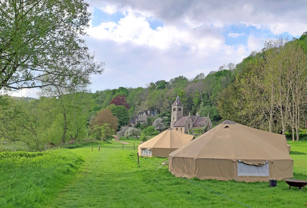 VisitDeanWye's tweet photo. The new bell tents at @YHAOfficial Wye Valley looking spectacular in the spring sunshine ☀️ A glorious place to stay right alongside the river with its own canoe launch & on the Wye Valley Walk National Trail: https://t.co/AUWm4u24Rt #DeanWye #GoFindFreedom #Glamping #WalkingUK https://t.co/jje2n14uSP