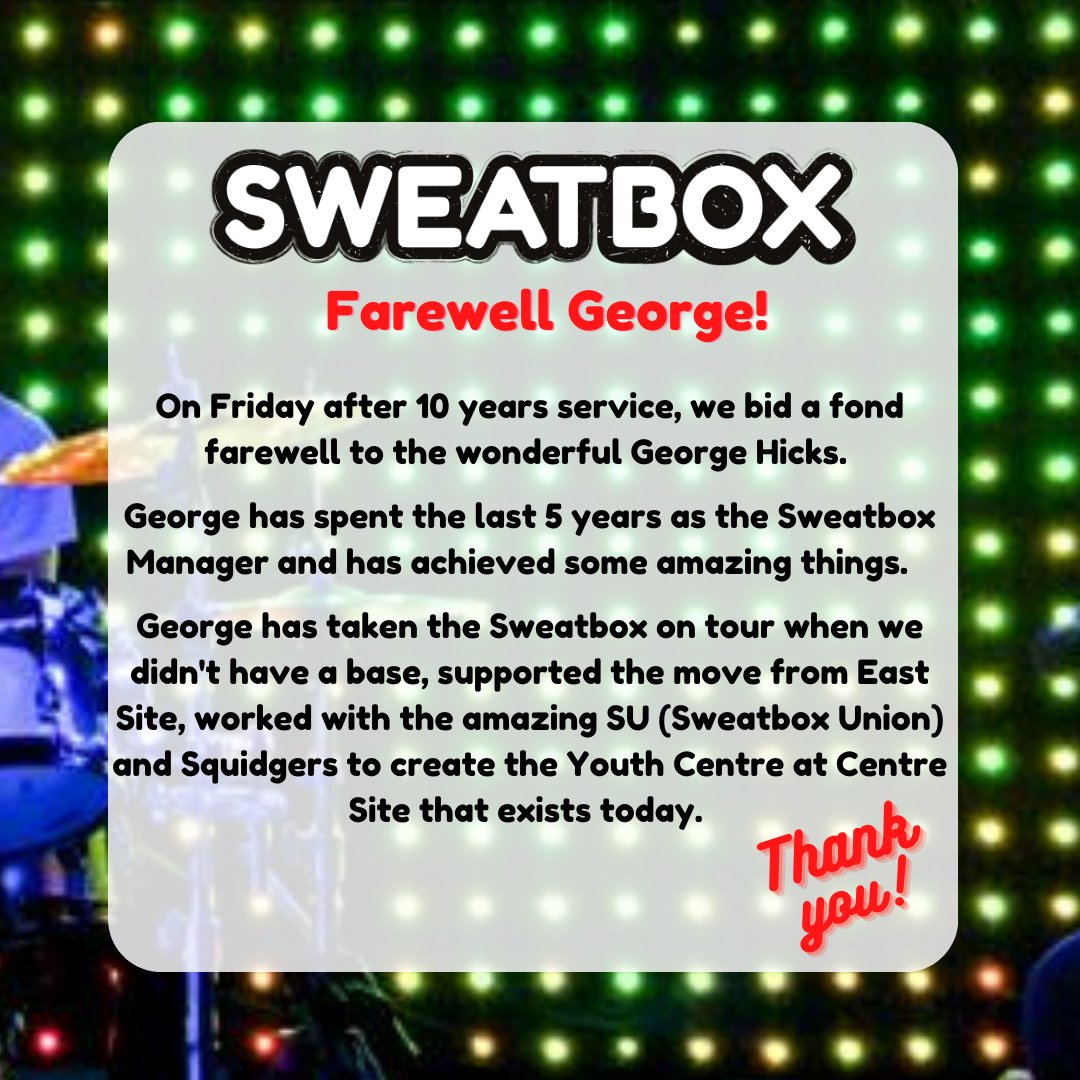 SweatboxWantage's tweet photo. On Friday we bid a fond farewell to the fantastic Sweatbox Manager, George Hicks! George has done so much for the Sweatbox  over the years, and we would all like to say a heart felt thank you and wish her all the best for the future. https://t.co/nA5cKHWZgj