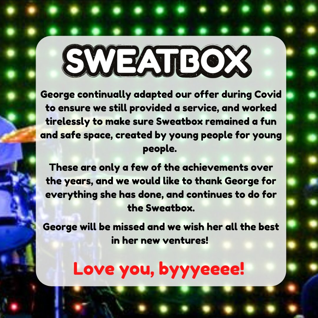 SweatboxWantage's tweet photo. On Friday we bid a fond farewell to the fantastic Sweatbox Manager, George Hicks! George has done so much for the Sweatbox  over the years, and we would all like to say a heart felt thank you and wish her all the best for the future. https://t.co/nA5cKHWZgj