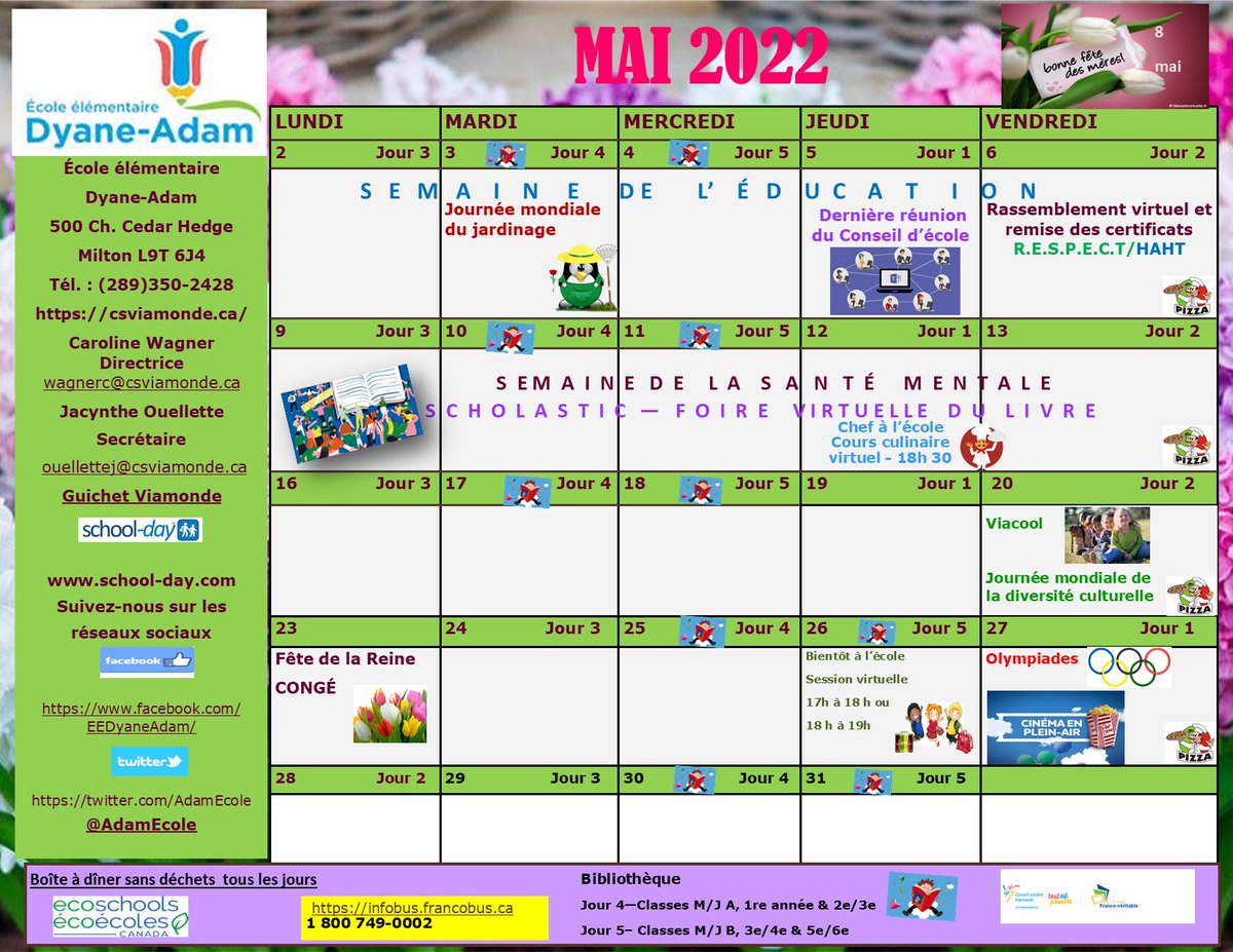 Voici le calendrier du mois de mai de l'école Dyane-Adam.