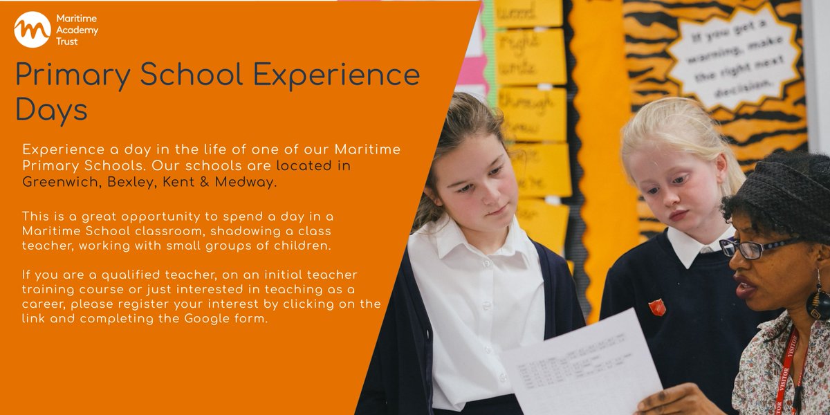 Wouldn't it be great to find out what it is like to teach in one of our schools? Well now is your chance. If you love teaching  or are interested in beginning a career in teaching you can apply to one of our experience days.

Click on the link to apply
docs.google.com/forms/d/1l1H2a…