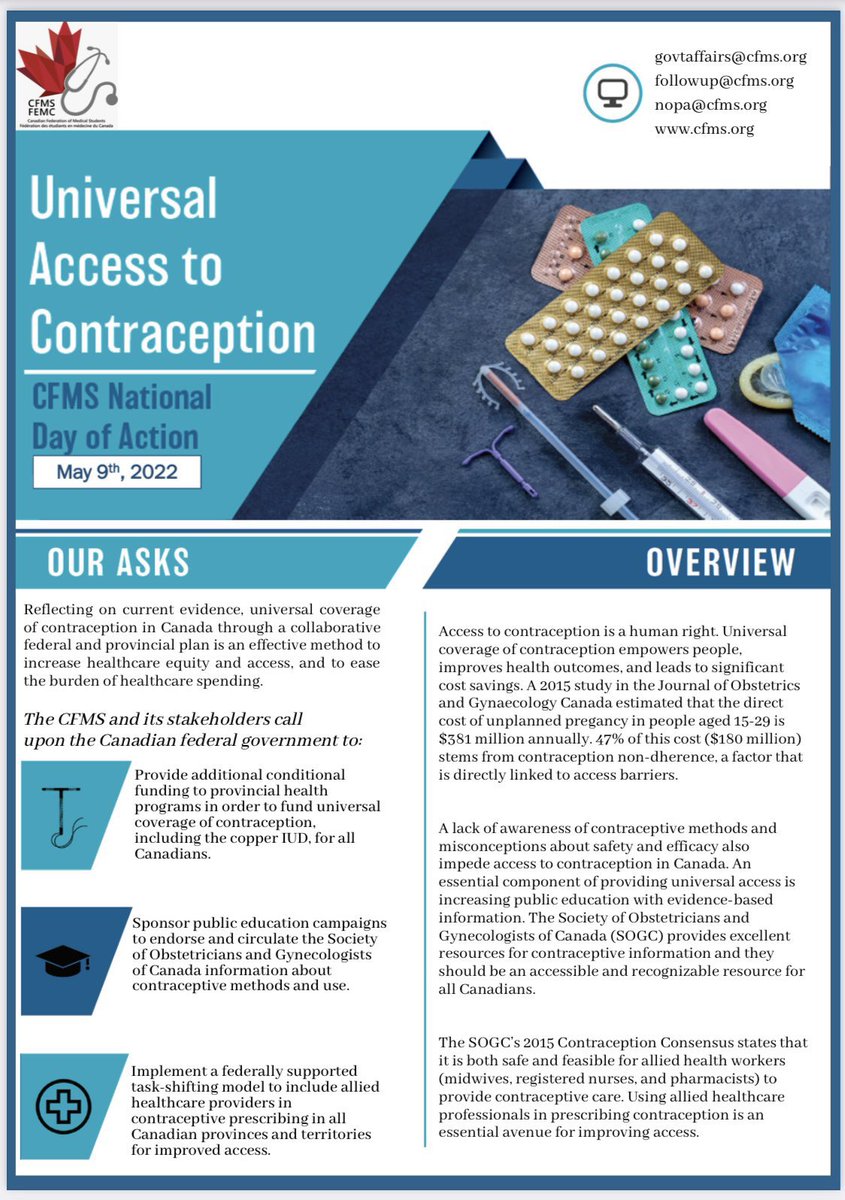 Today med students from across Canada are meeting with Federal MPs to advocate for Universal Access to Contraception! Press Release: bit.ly/CFMSDayOfActio… For Press inquiries, contact our VP Comms Danielle at communications@cfms.org #CFMSDayOfAction #ContraceptionIsHealthCare