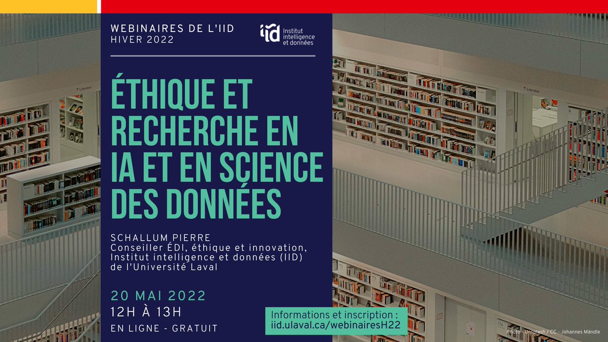 IID_ULaval's tweet photo. Quels sont les objectifs de l'éthique pour la recherche en IA et en valorisation des données? Le 20 mai dès midi, en compagnie de @schallumpierre, faites-en un tour d'horizon, entre régulations, encadrement de la recherche, consentement et plus. Infos > https://t.co/y53oFlloBV https://t.co/nyPhPSeWWE