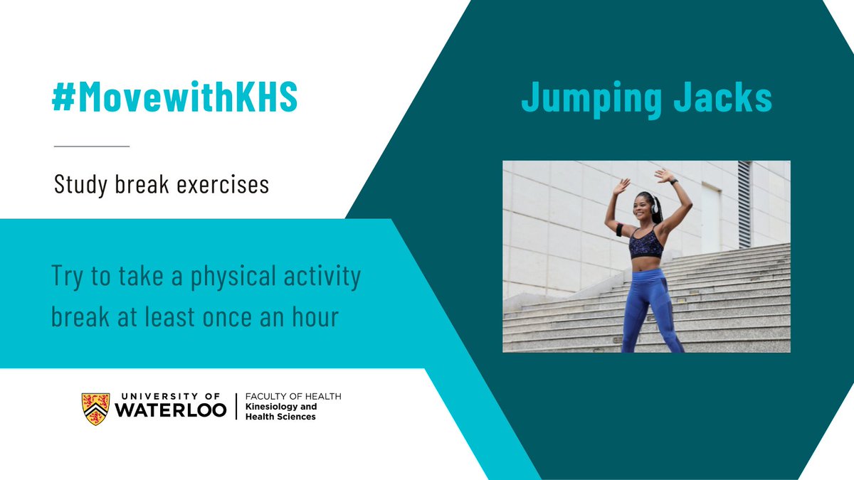 UWaterlooKHS's tweet photo. Have you taken a study break? Right now would be a terrific opportunity for you to #MovewithKHS by getting up and doing 20 jumping jacks! Exercising daily allows you to maintain and improve your strength to gain independence and confidence.
More resources:
https://t.co/c1Sir86Xp7 https://t.co/bRWW9vxTHD