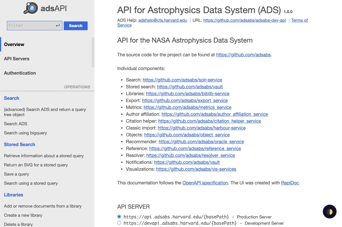 adsabs's tweet photo. Calling all data scientists and developers! Did you know ADS has OpenAPI Documentation for easy data access and use? Learn more here: https://t.co/fJVtImPyMi 🔎 #ADSAPI #ADShelp https://t.co/pU2HnmaLgU