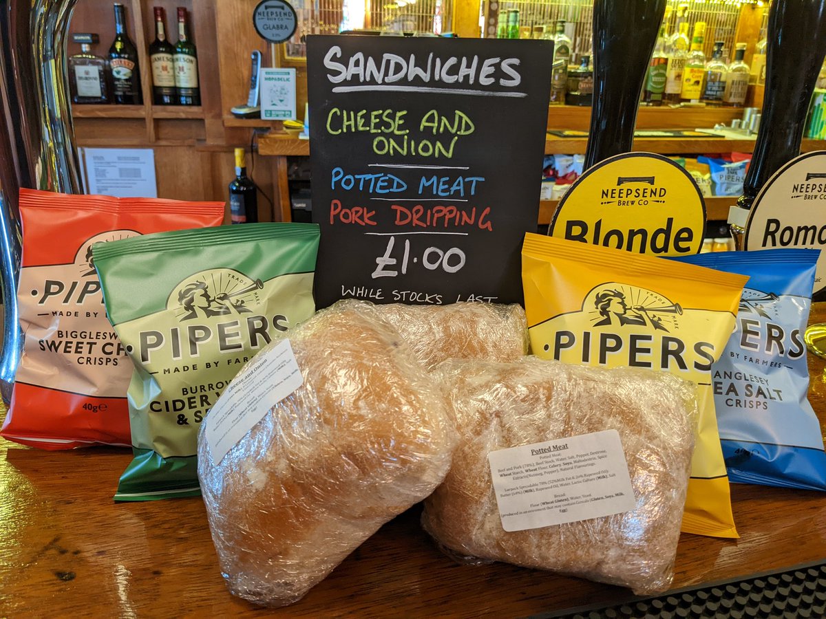 We're now open from 12PM everyday for drinking needs and we've got a good array of snacks including a variety of sandwiches available daily for those who find themselves peckish.