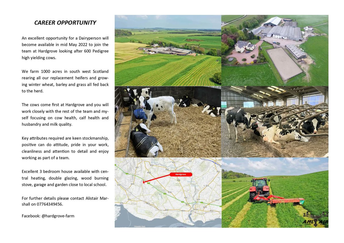 scotdairyhub's tweet photo. An excellent opportunity for a Dairyperson will become available to join the team at Hardgrove looking after 600 Pedigree high yielding cows. https://t.co/X2m2BdnBS6 @nfustweets @JCPinSWScot #teamdairy https://t.co/3o1AjibeRp