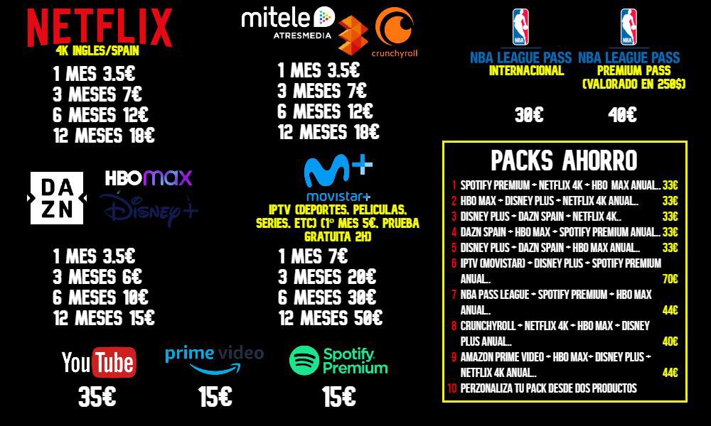 ¡PATROCINIO!

Si buscáis plataformas para ver cine y series como Netflix, HBO, DAZN, o si buscáis ver toda la televisión por un precio increíble, que si hacéis packs o sale baratísimo, <a href="/serviciosdeluxe/">Serviciosdeluxes</a> es lo que buscáis.

Además, tiene un grupo en Telegram para hablar.